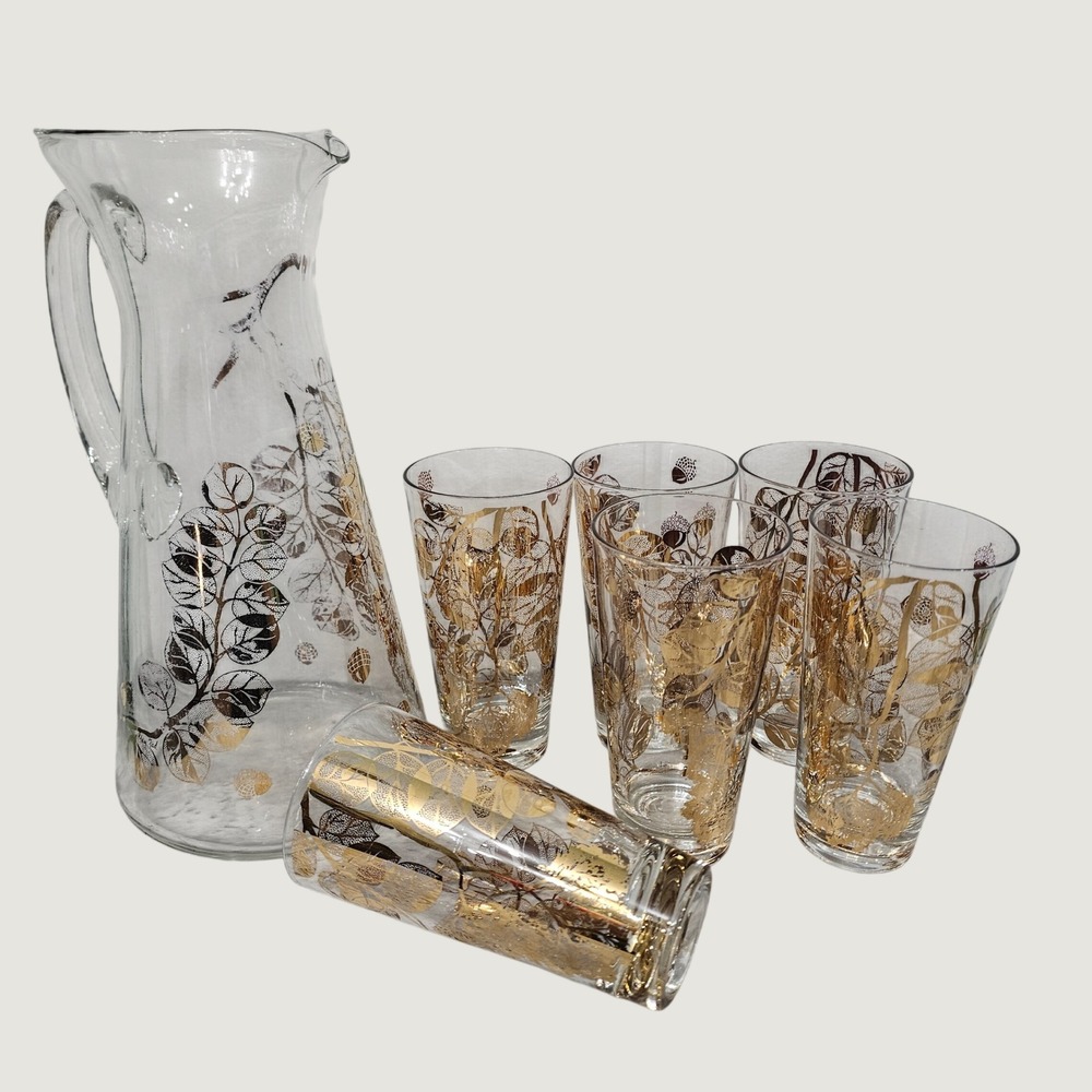 Vintage Gay Fad Mid Century Gold Silver Leaf Pitcher and 6 Tumbler Glass Set